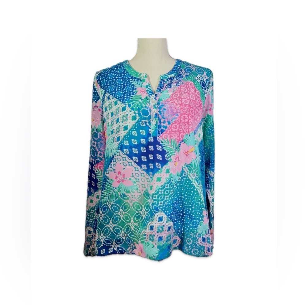 Appleseed’s Floral Patchwork Tunic Blouse Women’s Medium Blue Pink Boho
